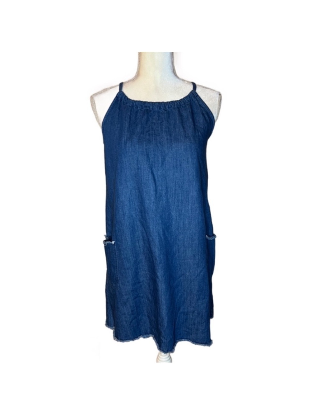 Old Navy Blue Denim Halter Neckline Raw-Hem Dress